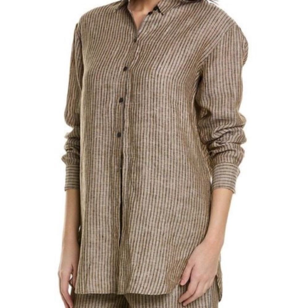 NWOT Women's Boden Linen Button Front Metallic Stripe Top Blouse Shirt US 16/18R